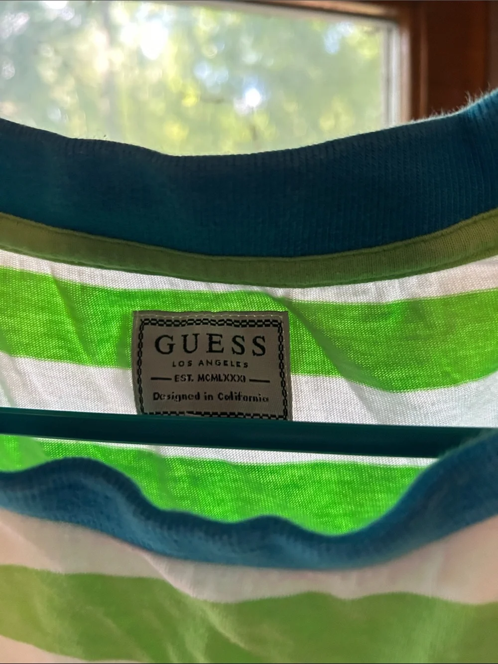 Vintage- GUESS Green and White Striped Tee with Blue Logo - Picture 5 of 6